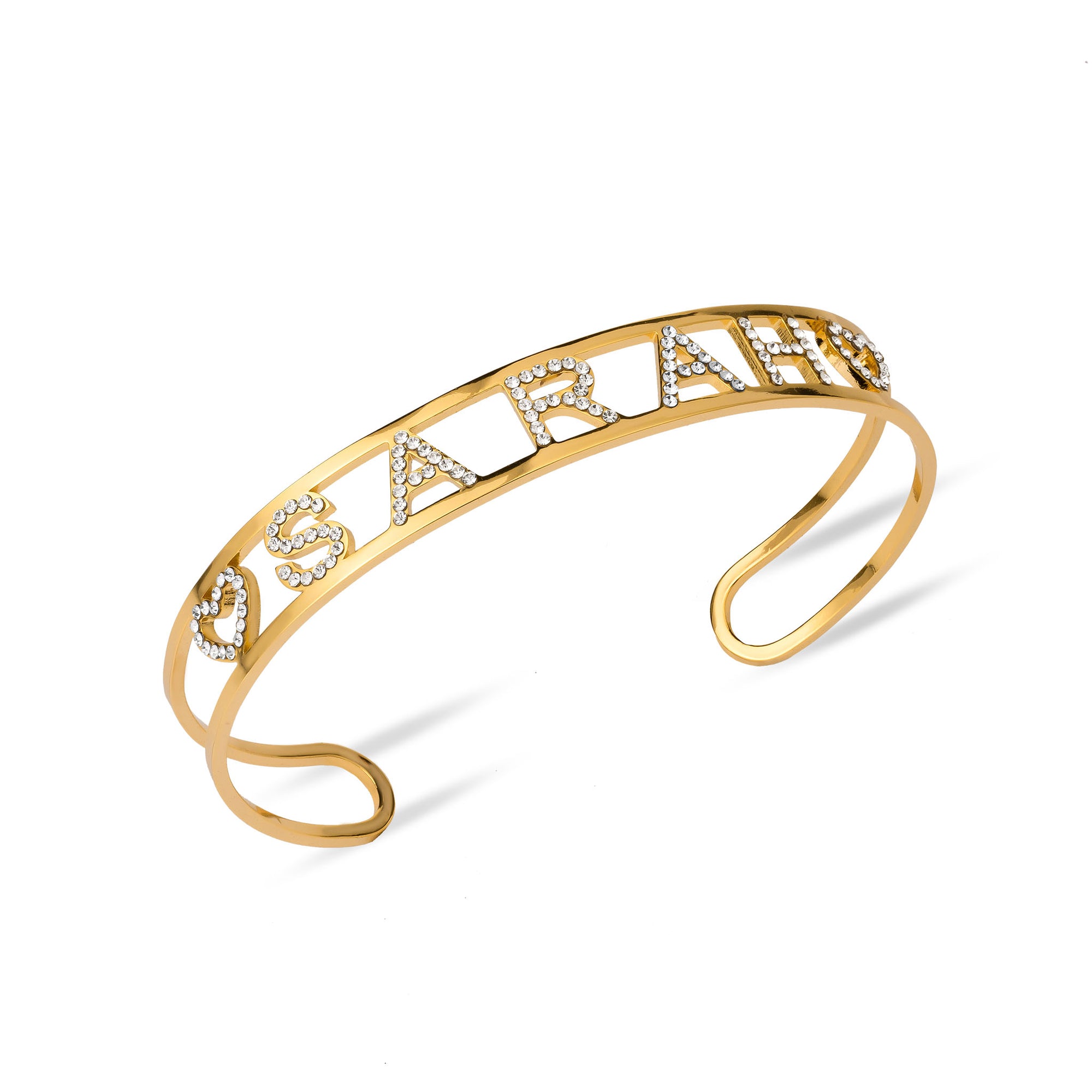 3D Name Stones Bangle in gold with customizable letters featuring a personal touch and stylish design.