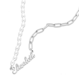 Pearl link name necklace silver