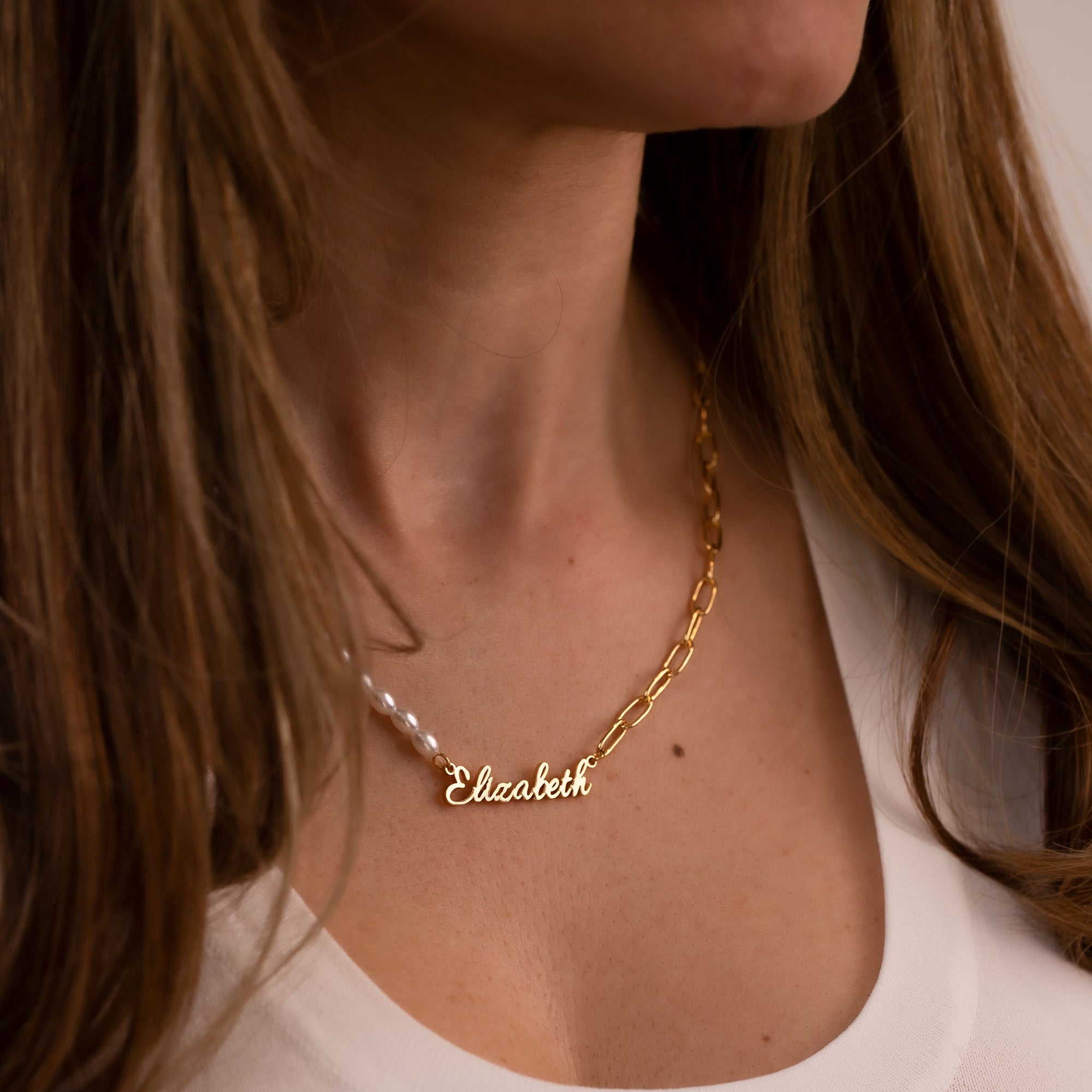 Pearl link name necklace - Tarnish free